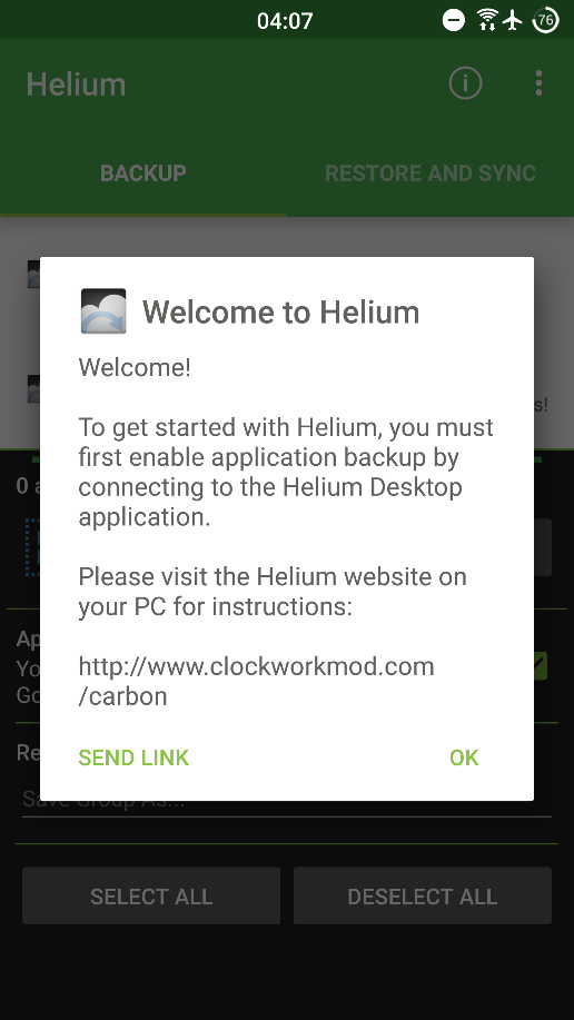 Helium app - press ok